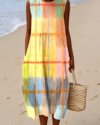 Women's Casual Colorblock Plaid Sleeveless Dress