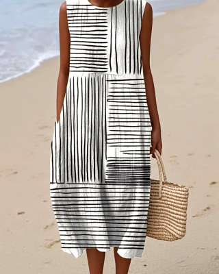 Women's casual cotton-linen printed dress