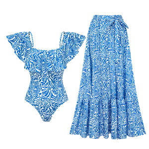 Ruffle Printed One Piece  Swimsuit Set
