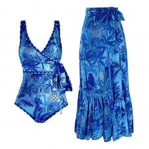 Blue Reversible  One Piece And Sarong Swimsuit Set