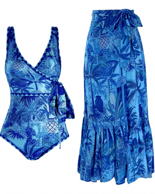 Blue Reversible  One Piece And Sarong Swimsuit Set