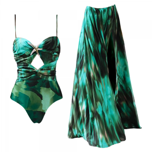 Starfish Decoration Print Hollow-out Flared Skirt Swimsuit Set
