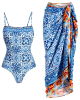 Blue And White Porcelain Print One Piece Swimsuit Set