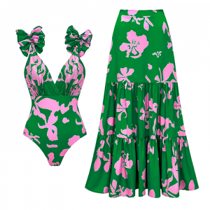 DBVACAY Ruffled Strap Printed One Piece Flared Skirt Swimsuit Set