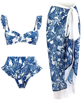 Blue Dragonfly High Waist Swimsuit Set