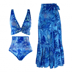 Blue Reversible High Waist Bikini And Sarong Swimsuit Set
