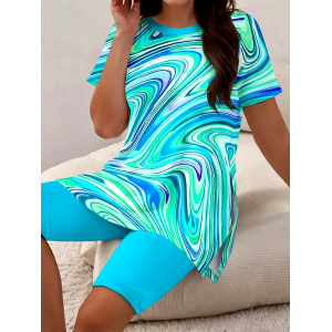 Women's Casual Round Neck Abstract Pattern Short Sleeve T-Shirt Shorts Set