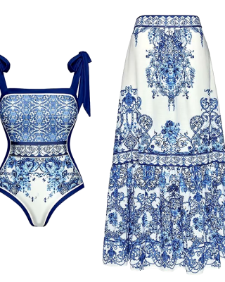 Blue And White Porcelain One Piece Swimsuit Set