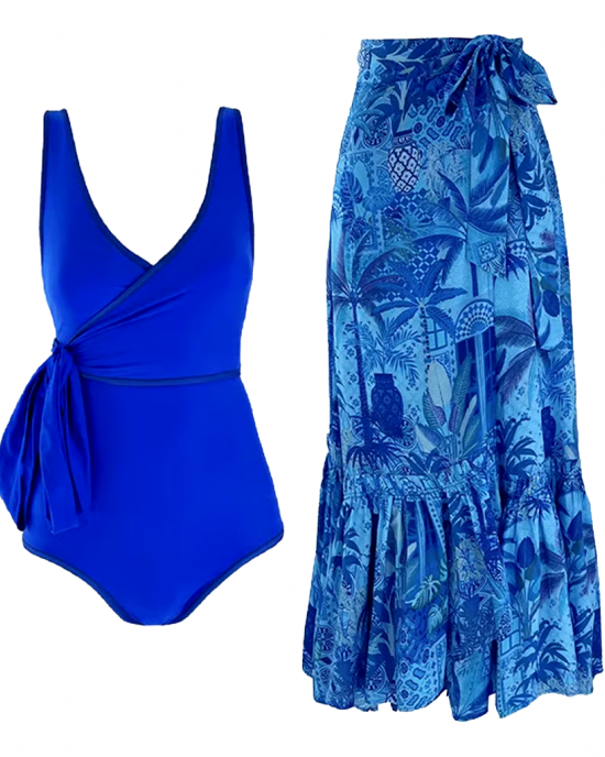 Blue Reversible One Piece And Sarong Swimsuit Set Blue Reversible One Piece And Sarong Swimsuit Set