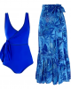 Blue Reversible One Piece And Sarong Swimsuit Set Blue Reversible One Piece And Sarong Swimsuit Set