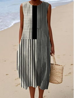 Women's casual cotton-linen printed dress