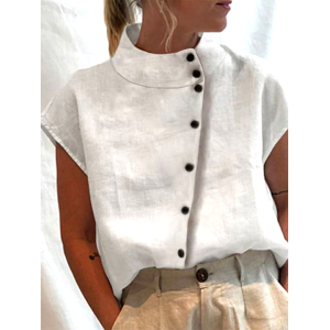 Summer Women's Cotton&Linen High Collar Button Short Sleeve Shirt