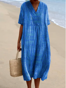 Women's casual cotton and linen printed dress