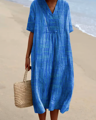 Women's casual cotton and linen printed dress