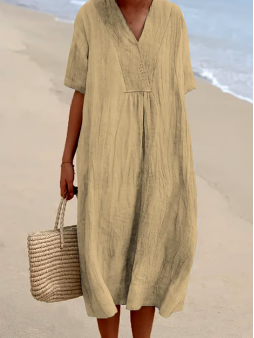 Loose Short Sleeved Solid V-Neck Dress
