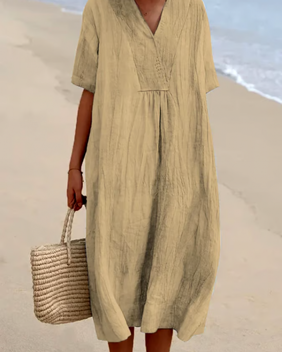 Loose Short Sleeved Solid V-Neck Dress