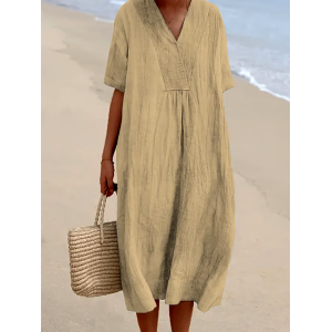 Loose Short Sleeved Solid V-Neck Dress