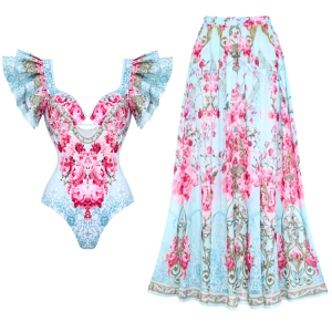 Dbvacay Ruffled Blue  Flowers Print One Piece Swimsuit Set