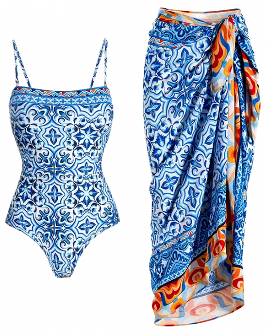 Blue And White Porcelain Print One Piece Swimsuit Set