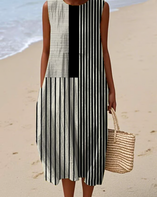 Women's casual cotton-linen printed dress