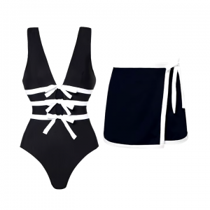 Black V Neck Sexy One Piece Swimsuit Set
