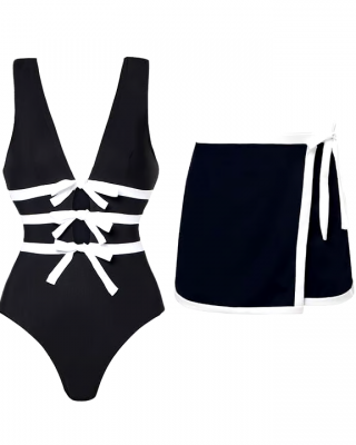 Black V Neck Sexy One Piece Swimsuit Set