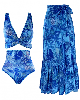Blue Reversible High Waist Bikini And Sarong Swimsuit Set