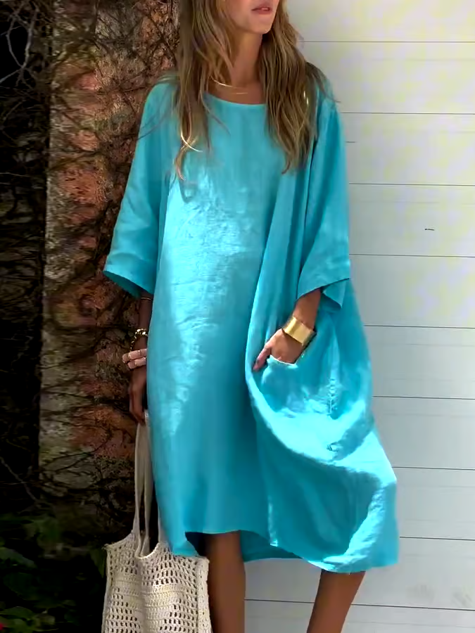 Women'S Casual Solid Color Loose Cotton And Linen Dress