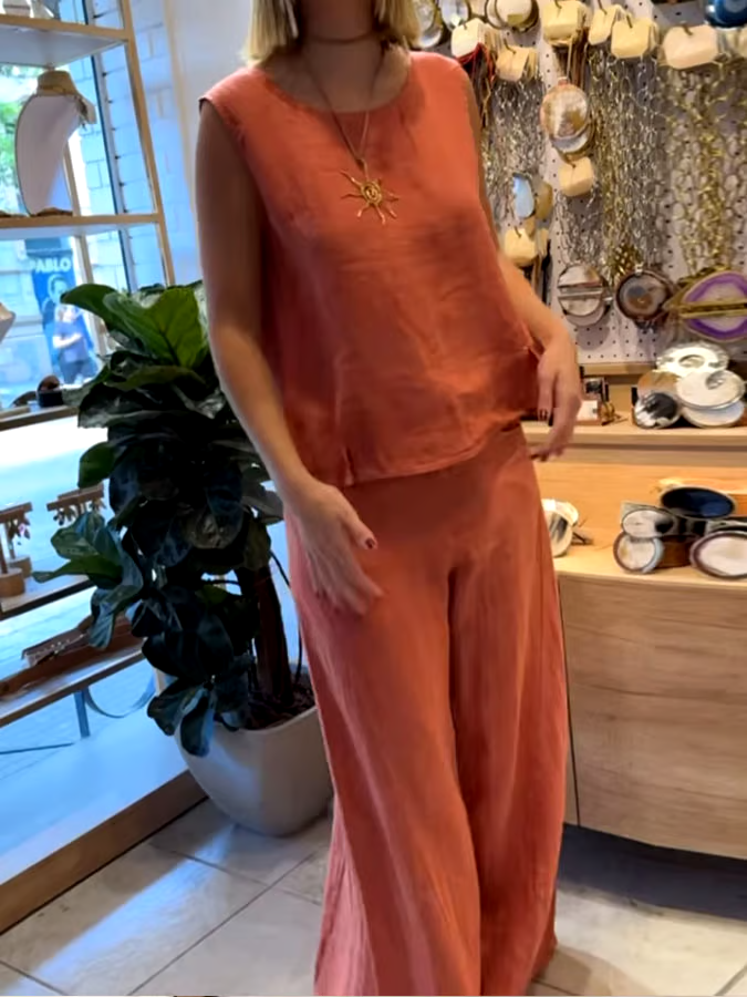 Women's Casual Solid Color Round Neck Vest Trousers Cotton and Linen Two-piece Set