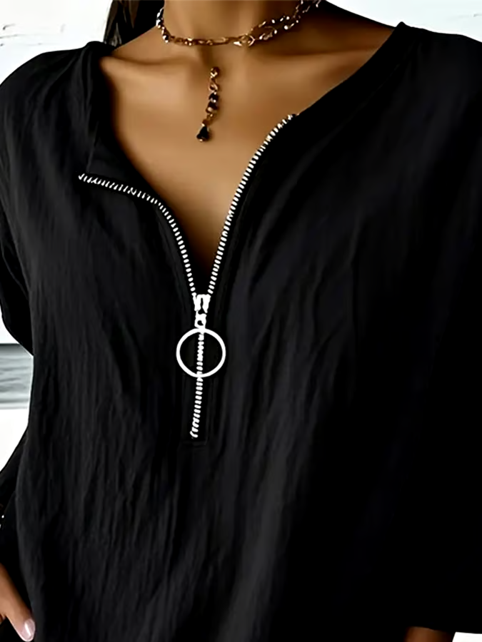 Women's Casual Solid Color Zipper Three-quarter Sleeve Cotton and Linen Shirt