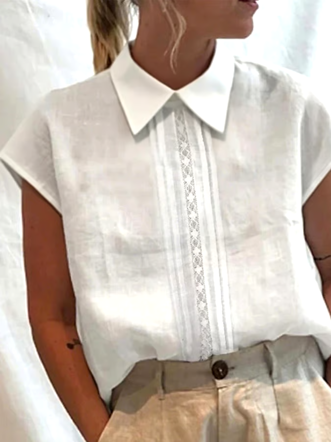 Women's Casual Solid Color Lace Stitching Lapel Shirt