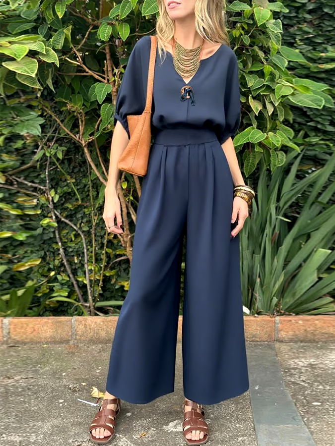 Women's Casual V-Neck Button Top and Pants Two-Piece Set Women's Casual V-Neck Button Top and Pants Two-Piece Set