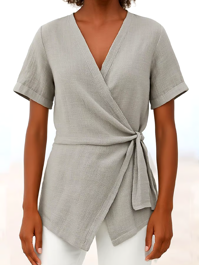 Women's Casual Solid Color V Neck Short Sleeve Lace-up Cotton and Linen Top