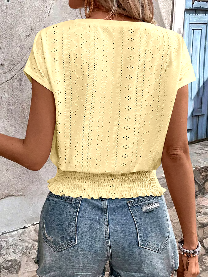 Women'S Casual V-Neck Jacquard Hollow Short-Sleeved T-Shirt