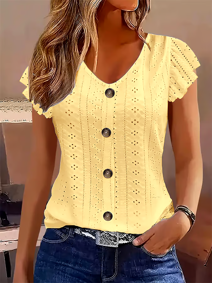 Women's Casual Solid Color Lotus Sleeve V-Neck T-Shirt