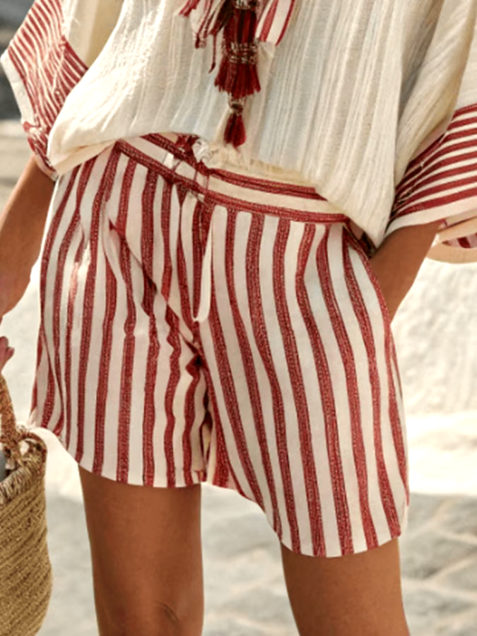 Women'S Loose Striped Scarf Holiday Shorts Set