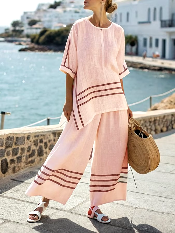 Women'S Loose Slit Irregular Striped Pants Set Women'S Loose Slit Irregular Striped Pants Set