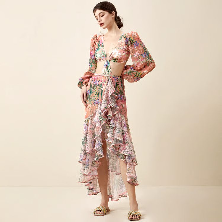 DBVACAY V Neck Cutout Floral Print Fishtail Skirt Swimsuit Set