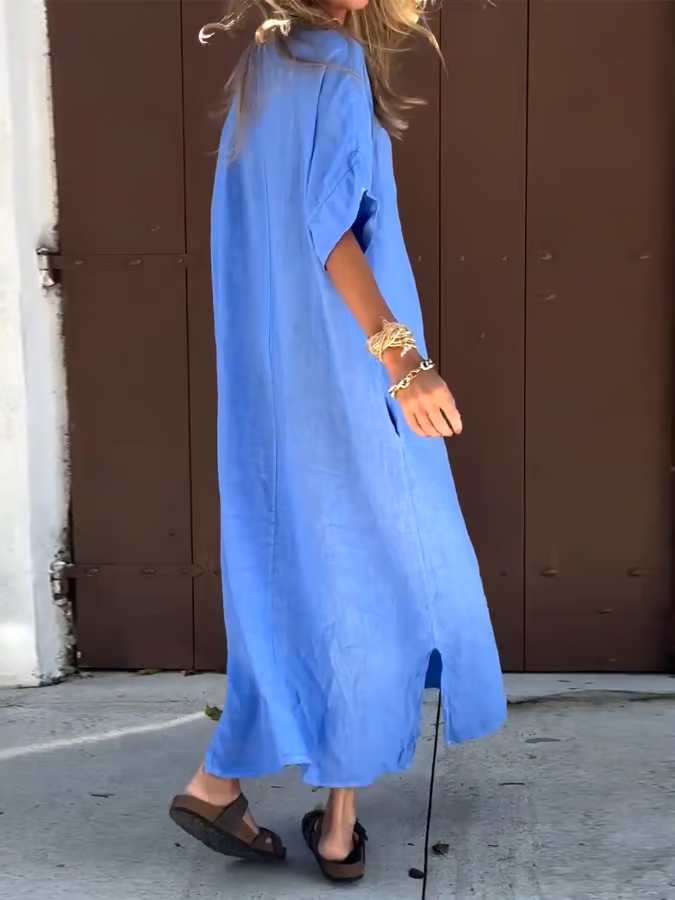 Women'S Casual Solid Color Short-Sleeved V-Neck Cotton And Linen Dress Women'S Casual Solid Color Short-Sleeved V-Neck Cotton And Linen Dress