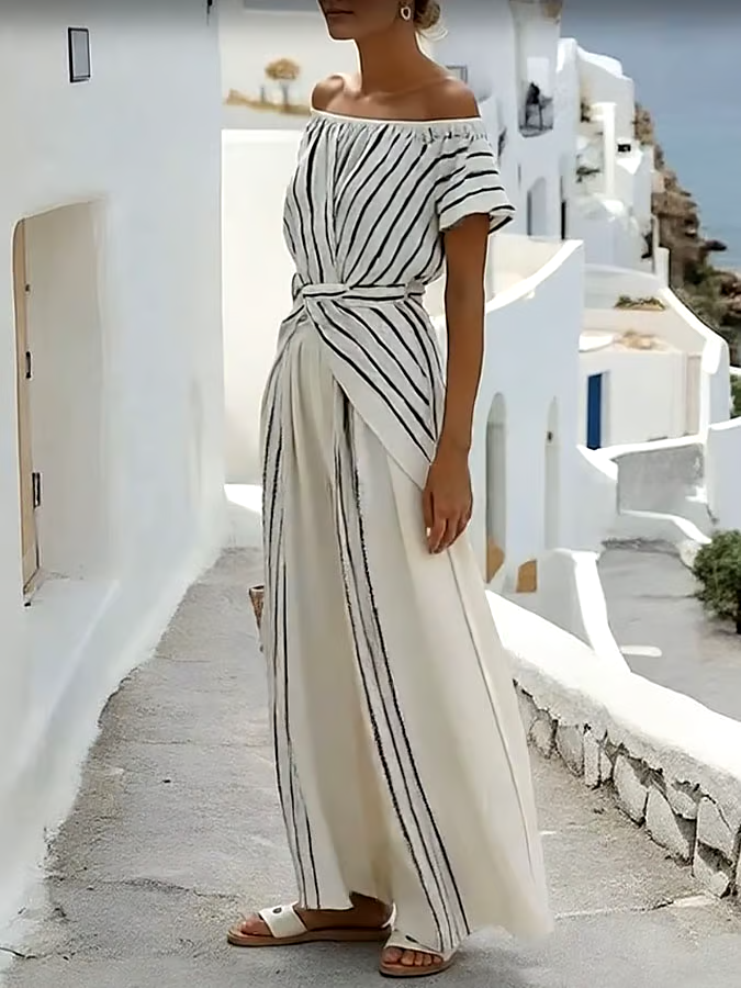 Women'S Casual Off-Shoulder Short-Sleeved Loose Striped Contrast Color Top And Trousers Two-Piece Set Women'S Casual Off-Shoulder Short-Sleeved Loose Striped Contrast Color Top And Trousers Two-Piece Set