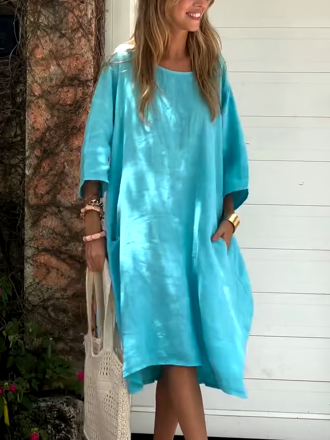 Women'S Casual Solid Color Loose Cotton And Linen Dress