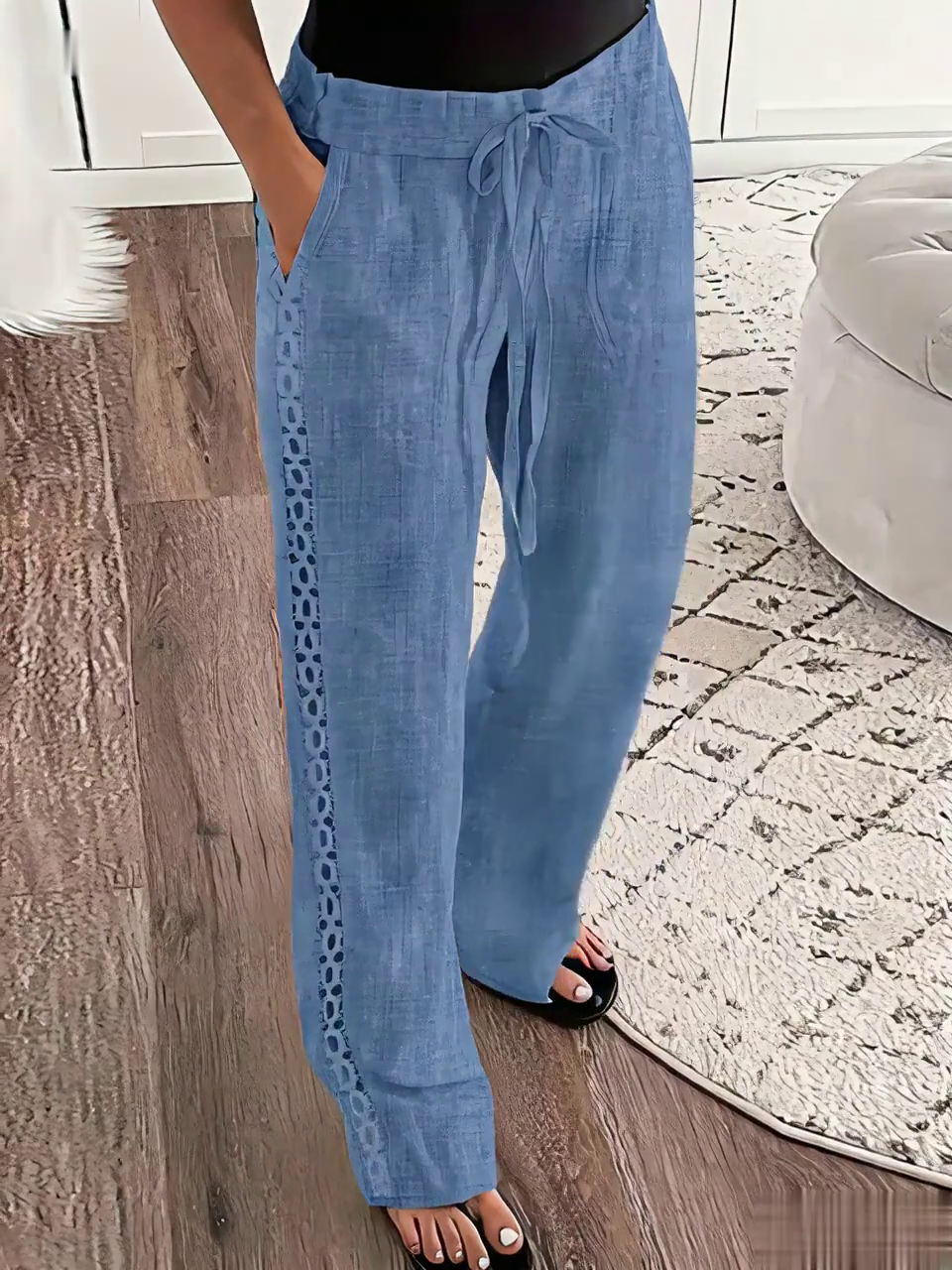 Women's Casual Solid Color Side Hollow Design Cotton and Linen Pants Women's Casual Solid Color Side Hollow Design Cotton and Linen Pants