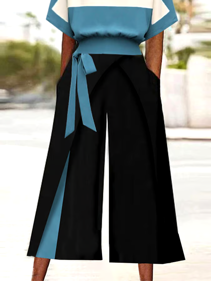 Women's Casual Round Neck Contrast Color Pants Two-Piece Set