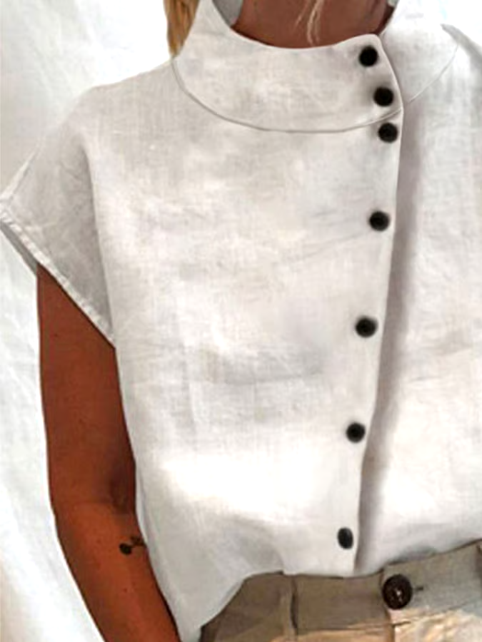 Summer Women's Cotton&Linen High Collar Button Short Sleeve Shirt Summer Women's Cotton&Linen High Collar Button Short Sleeve Shirt
