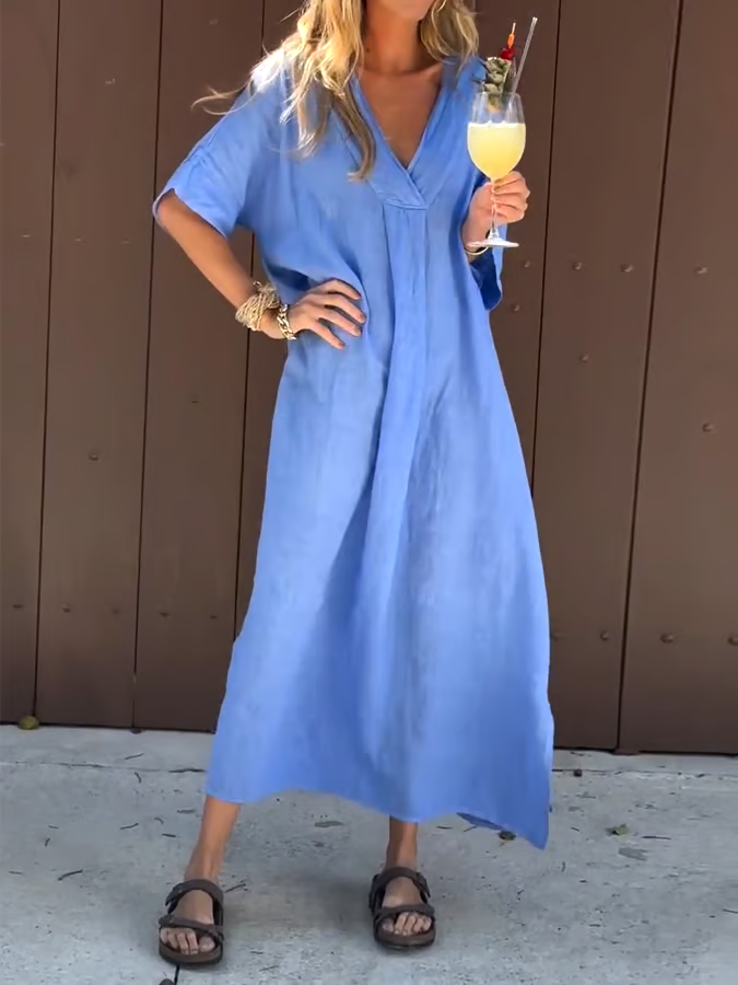 Women'S Casual Solid Color Short-Sleeved V-Neck Cotton And Linen Dress Women'S Casual Solid Color Short-Sleeved V-Neck Cotton And Linen Dress