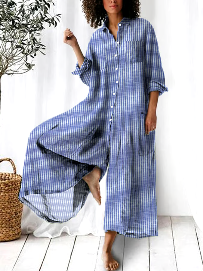 Women's Vintage Classic Striped Long Sleeve Multi-Pocket Shirt Jumpsuit Women's Vintage Classic Striped Long Sleeve Multi-Pocket Shirt Jumpsuit