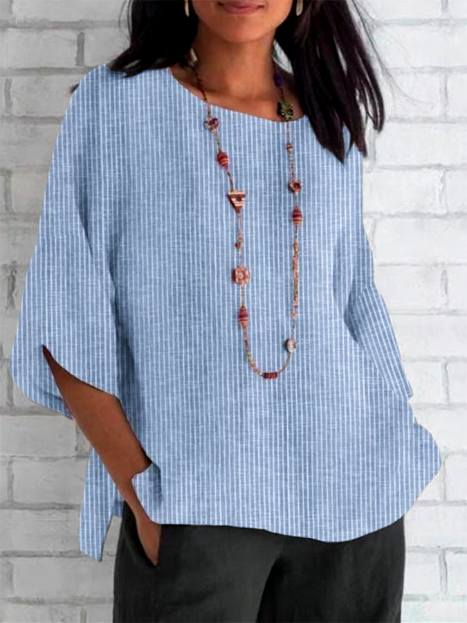 Women's Spring and Summer Round Neck Cotton and Linen Striped Loose Top Women's Spring and Summer Round Neck Cotton and Linen Striped Loose Top
