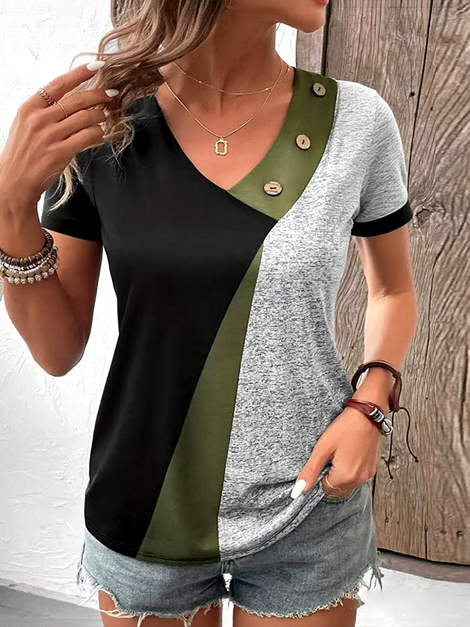 Women's Casual Contrast Color V-Neck Short Sleeve Button Top