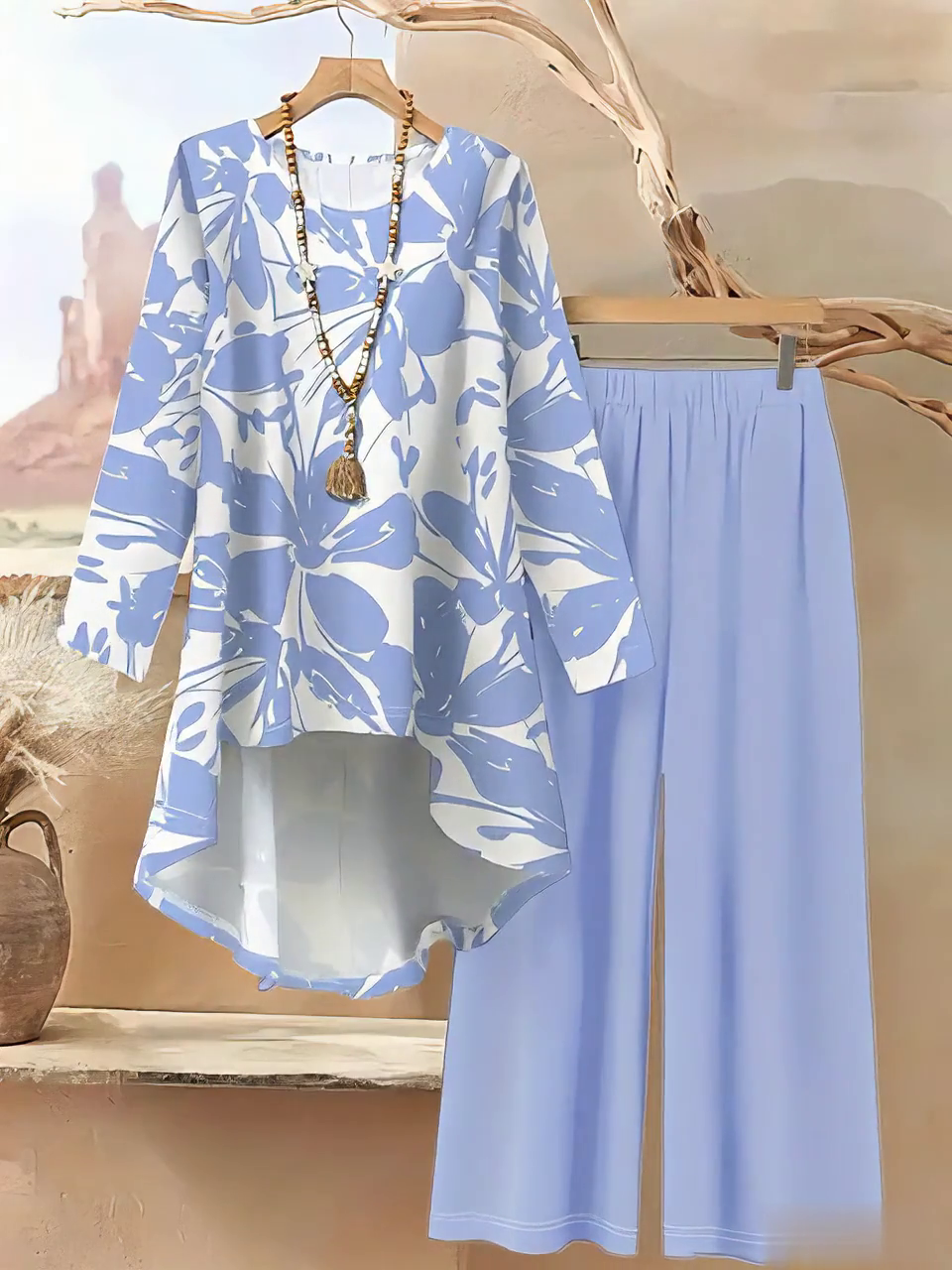 Women's Casual Printed Irregular Hem Top and Pants Two-Piece Set