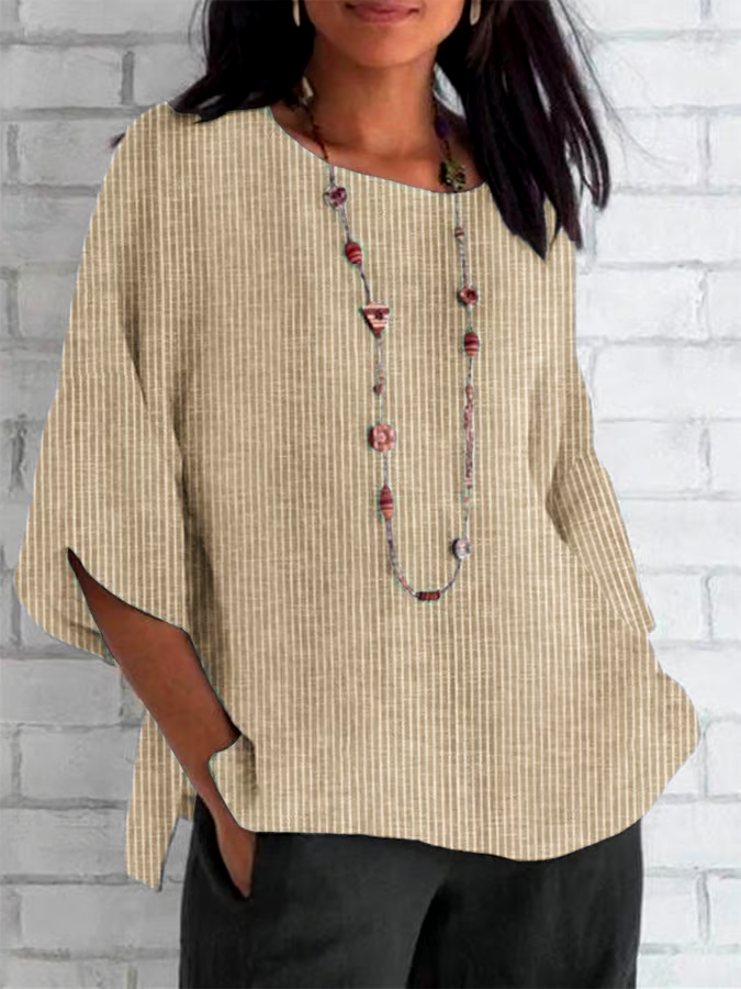 Women's Spring and Summer Round Neck Cotton and Linen Striped Loose Top Women's Spring and Summer Round Neck Cotton and Linen Striped Loose Top